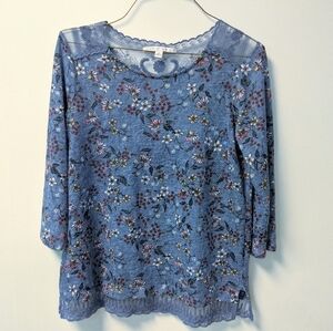 LC Lauren Conrad blue floral top with lace details